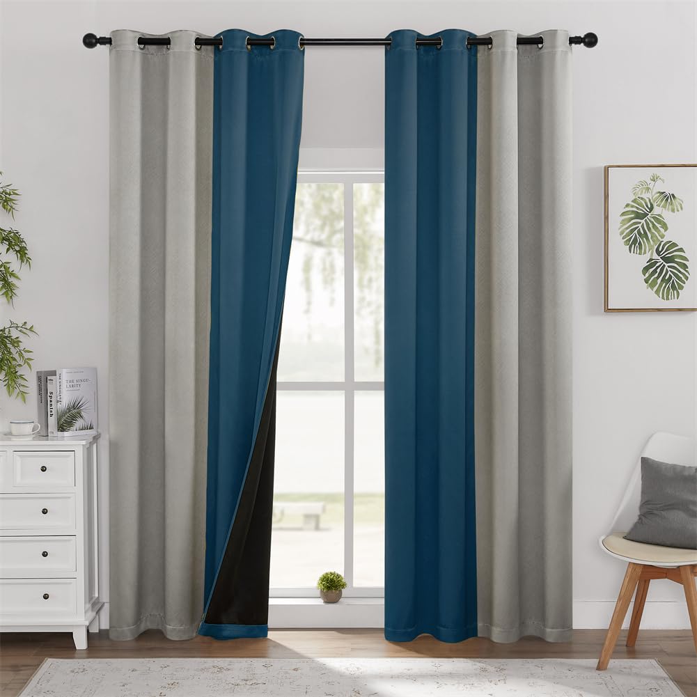 Blue and grey patchwork curtains in living room, thermal insulated, room darkening, grommet style, 108-inch length.