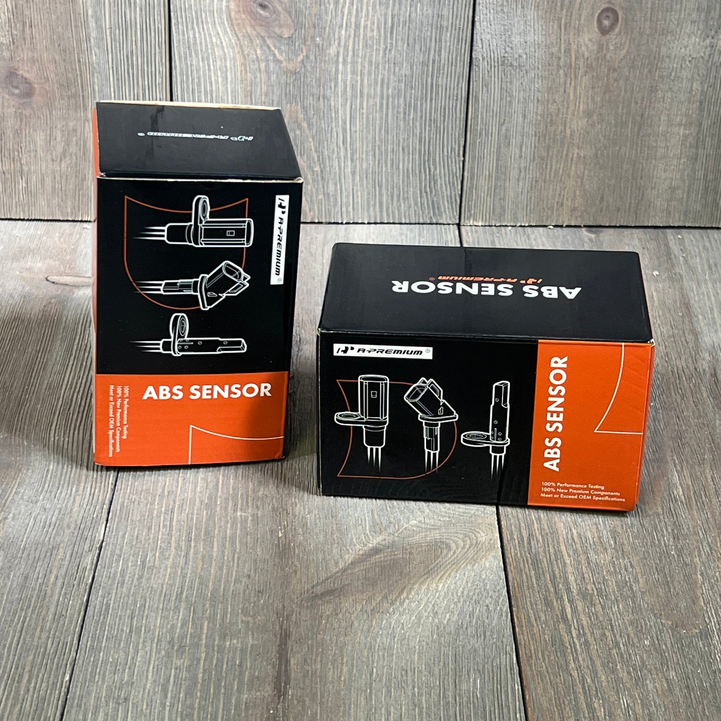 Premium ABS wheel speed sensor packaging for Mercedes-Benz C300 and GLK350, showcasing the sleek black and orange design.