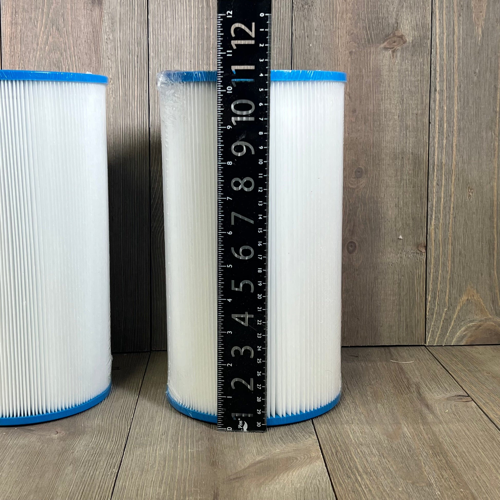 Spa filter cartridge with ruler, showcasing height and design for Yoozell PWK30-EC, ideal for hot tubs, 2-pack.