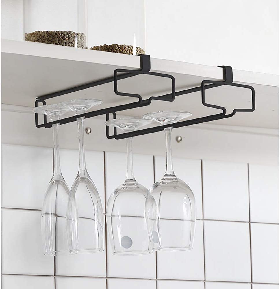 Under-cabinet black wine glass holder displaying stemware, maximizing kitchen storage and organizing glassware efficiently.
