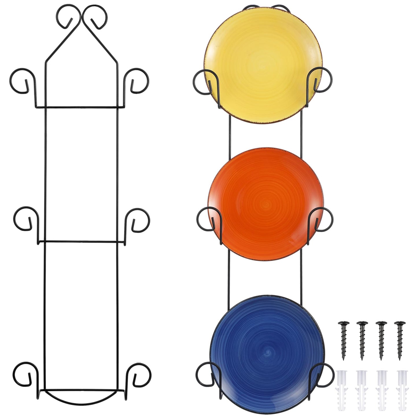 Black 3-tier wall plate holder with colorful plates and mounting hardware, ideal for displaying decorative dishes.