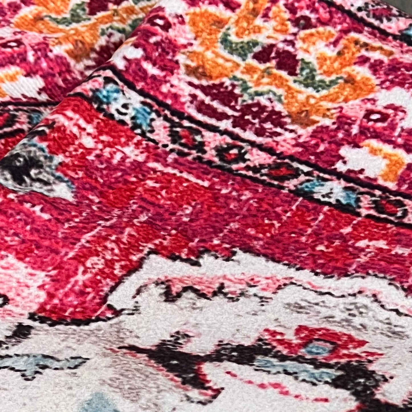 Vibrant boho throw pillow cover in red with intricate double-sided rug pattern, perfect for couch or bed decor, 24x24 inch.