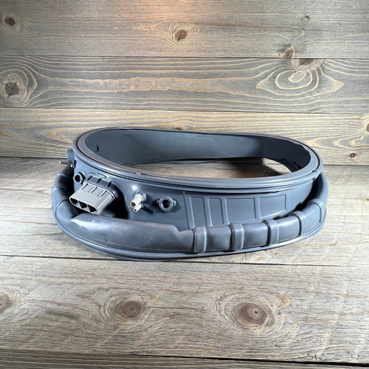 Waterproof Samsung washer door boot gasket on wooden surface, showcasing durable replacement part for front load models.