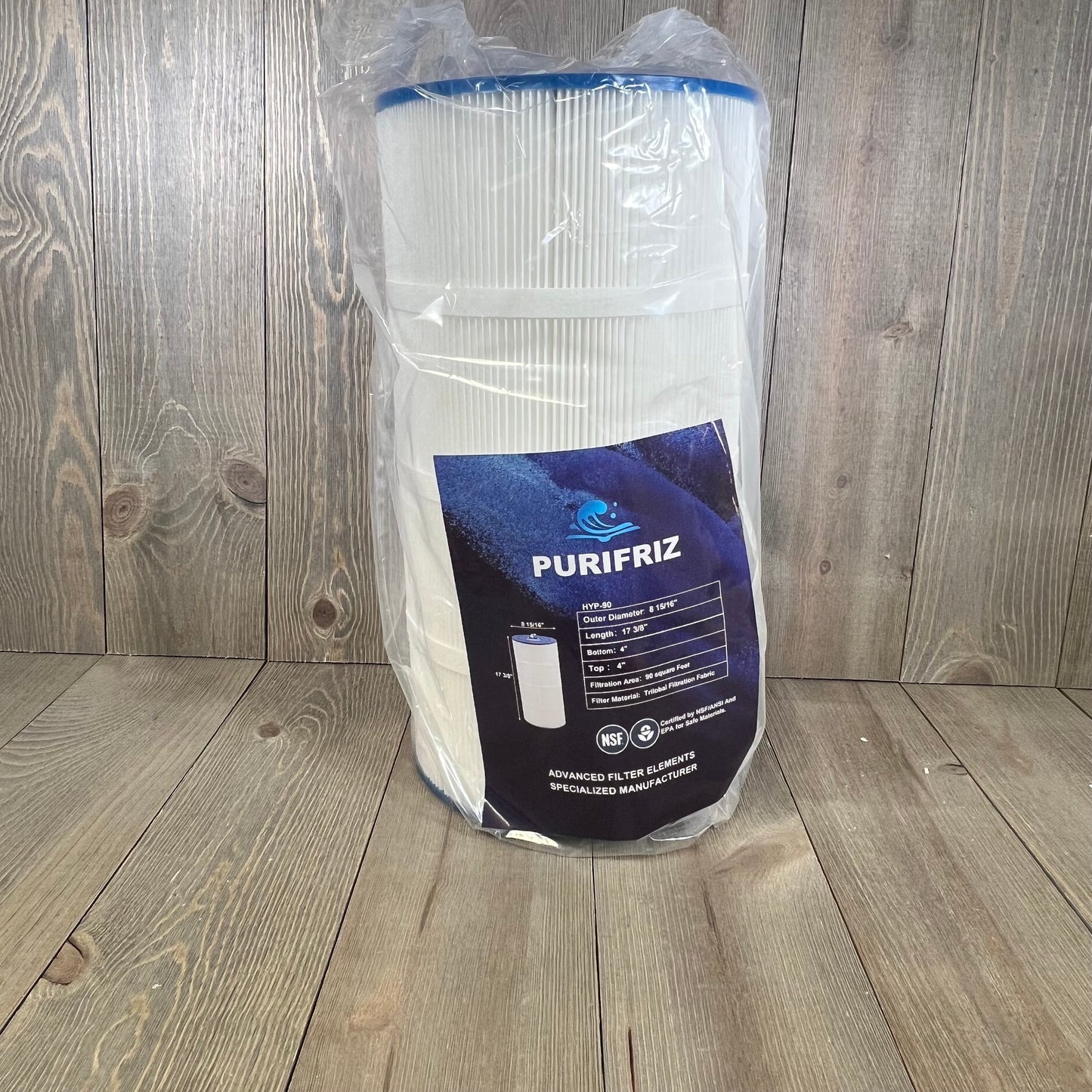 PURIFRIZ 90A Pool Filter in packaging, compatible with Hayward C900, Pleatco PA90; durable and efficient filtration.