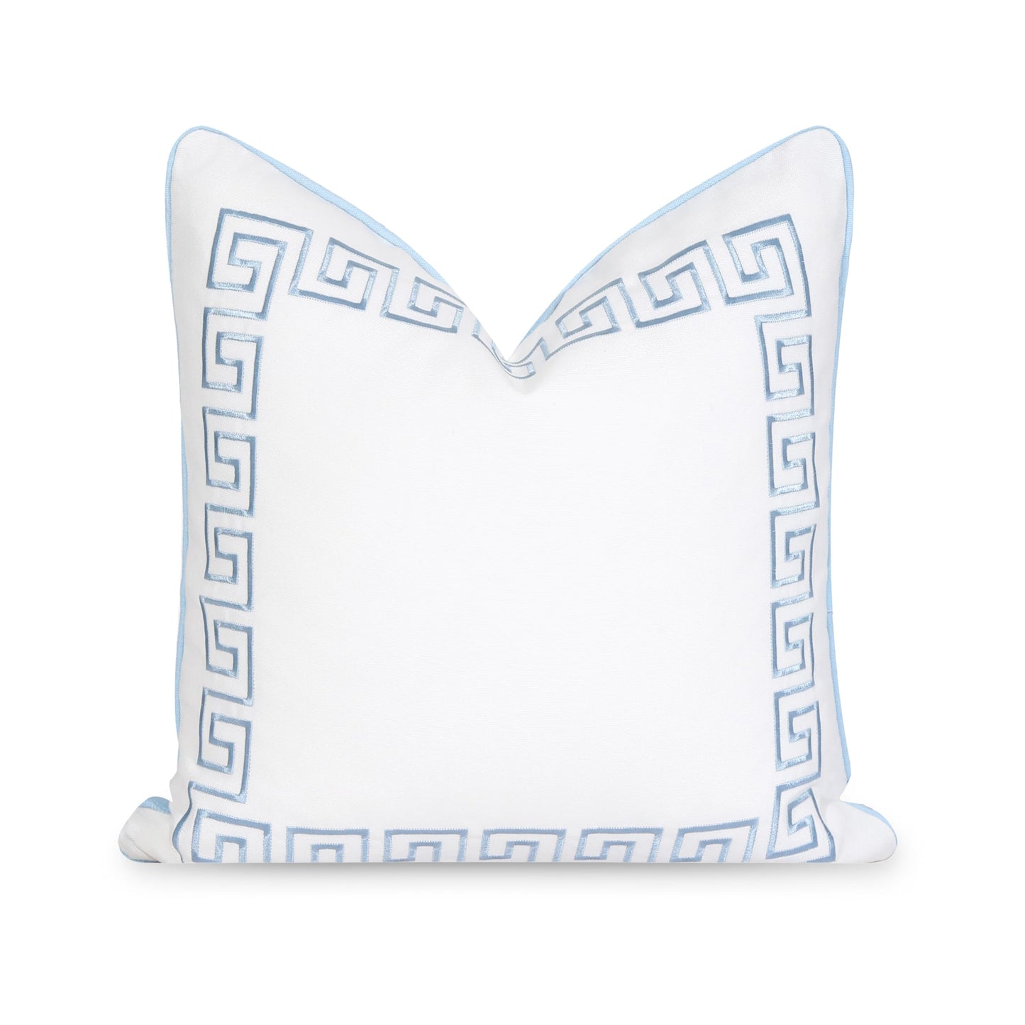 Elegant baby blue Greek key design on water-repellent 20"x20" pillow cover, perfect for coastal patio decor.