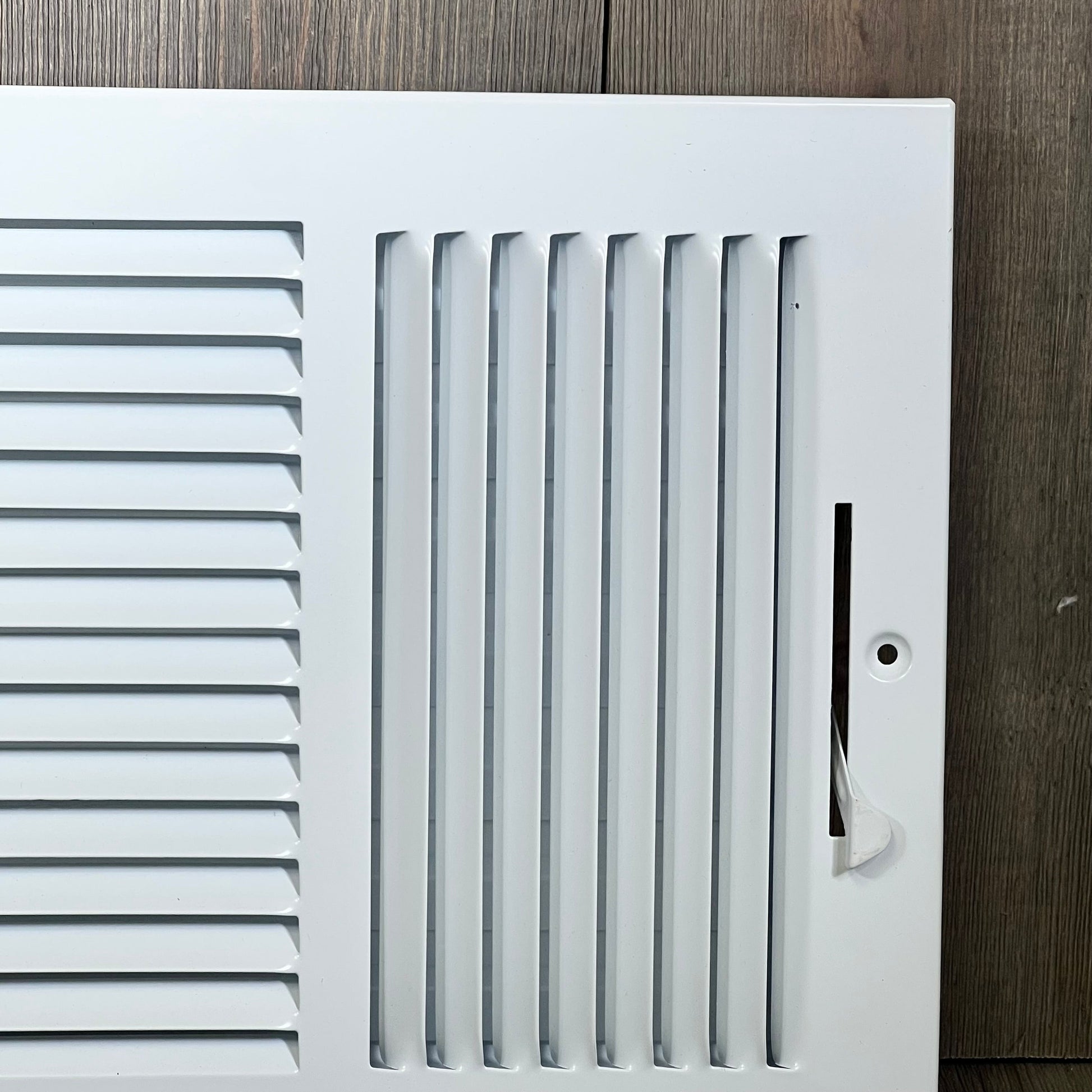 White 3-way steel air diffuser by Handua for 16x8 duct opening, shown with adjustable grille for sidewall or ceiling.