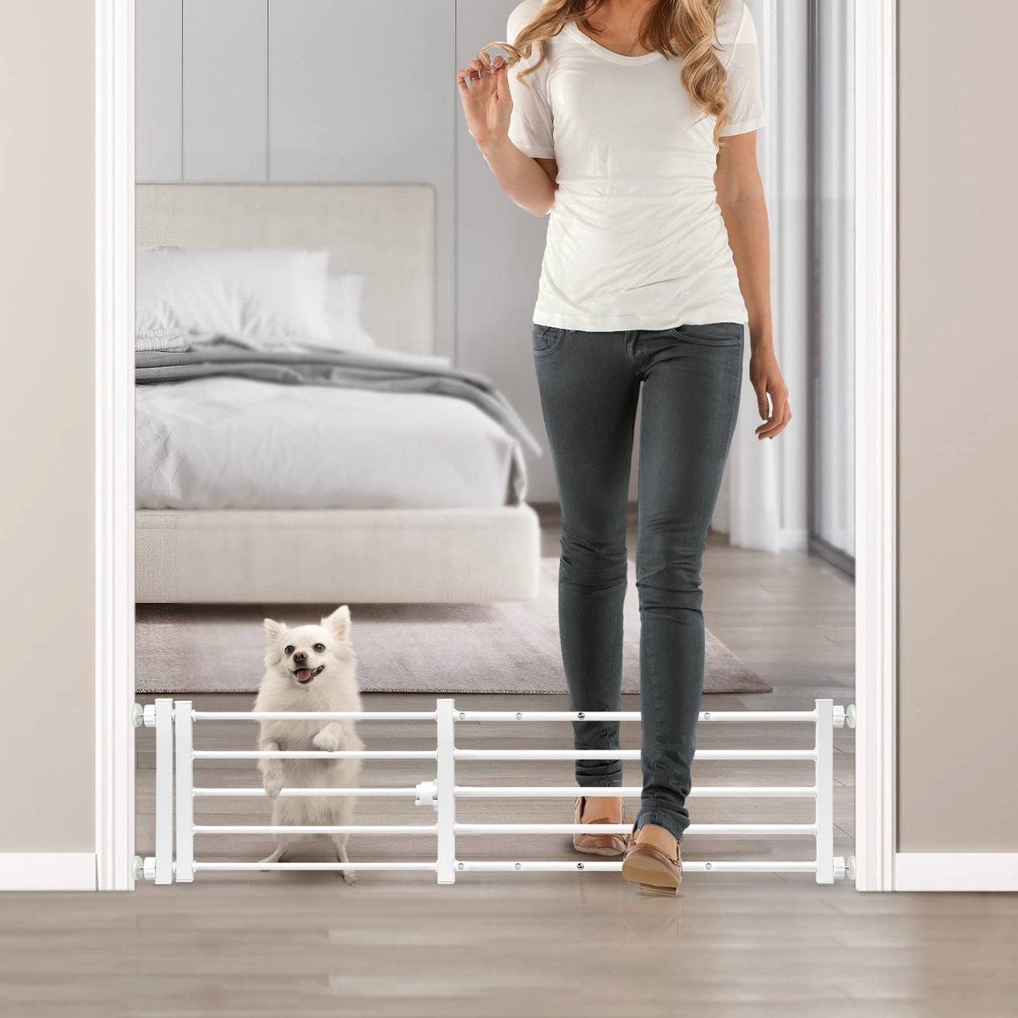 Easy step-over Malier indoor dog gate for doorways, showcasing a woman and her small dog in a modern home setting.
