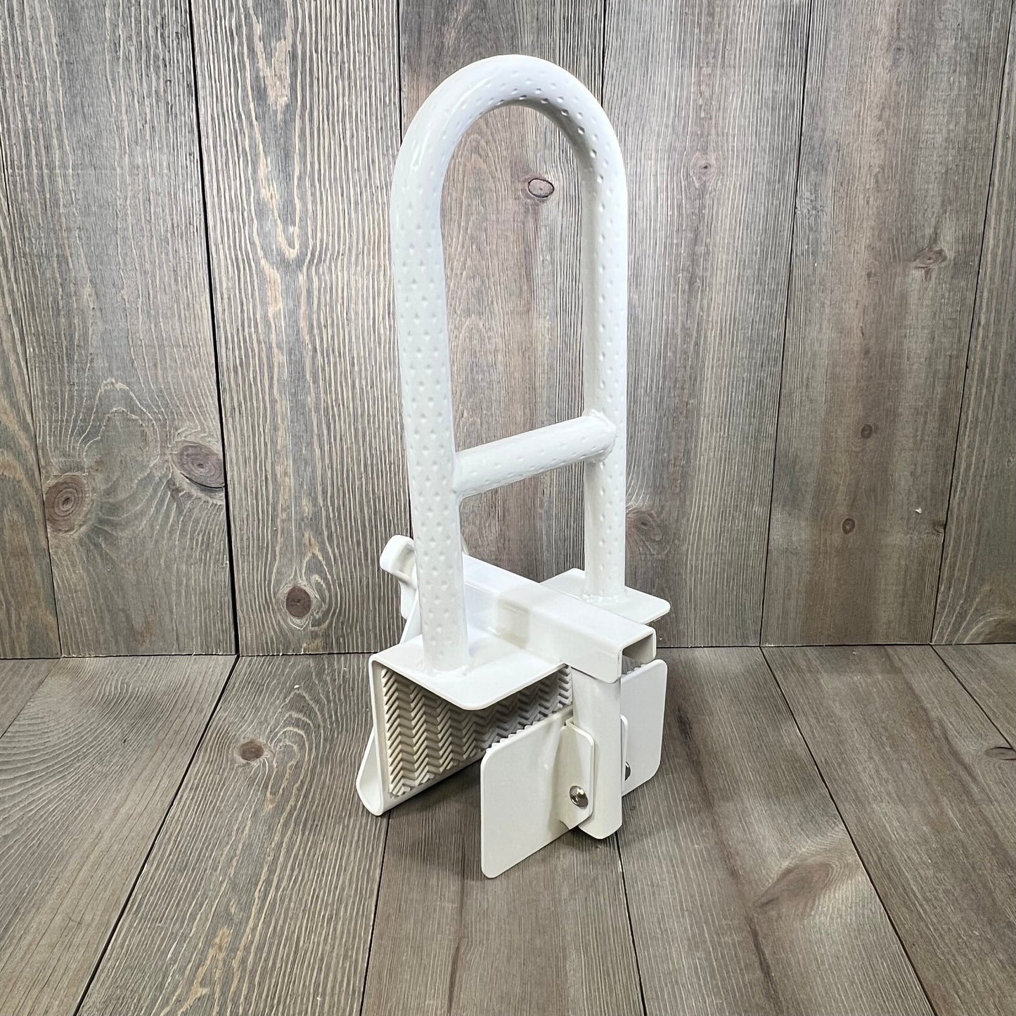 Heavy-duty white bathtub safety rail with anti-slip grip and secure mount, ideal for seniors and handicapped, 300 lbs capacity.
