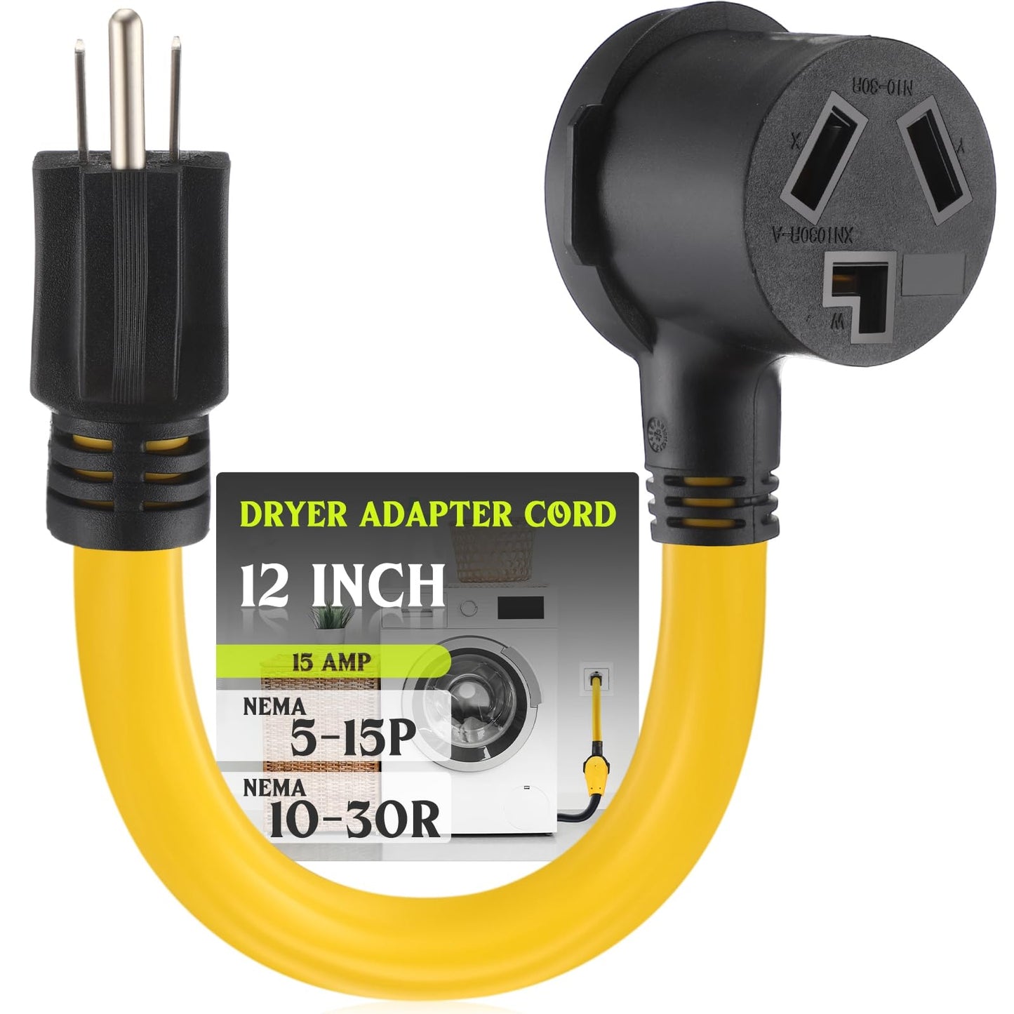 Yellow 1 FT dryer adapter cord with 5-15P to 10-30R plugs, 15 Amp, for 120V devices and EV power solutions.