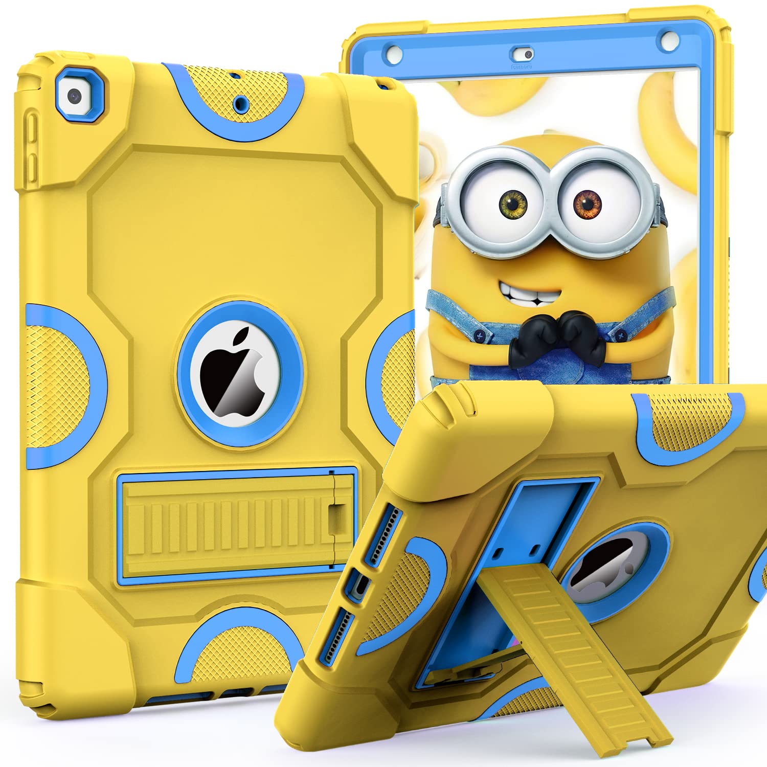 Gold rugged iPad case with kickstand for 9th/8th/7th Gen, shockproof, kid-friendly design, fits 10.2 inch models.