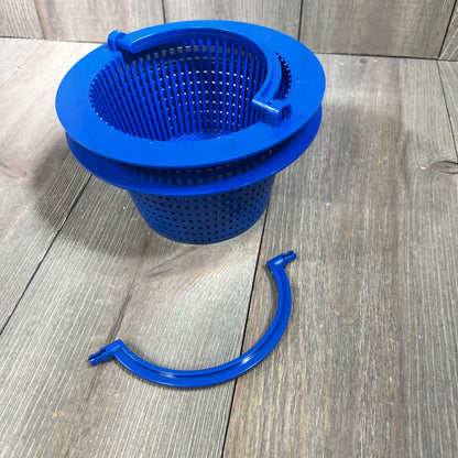 Alt text: Blue pool skimmer basket with a detachable handle on a wooden surface.