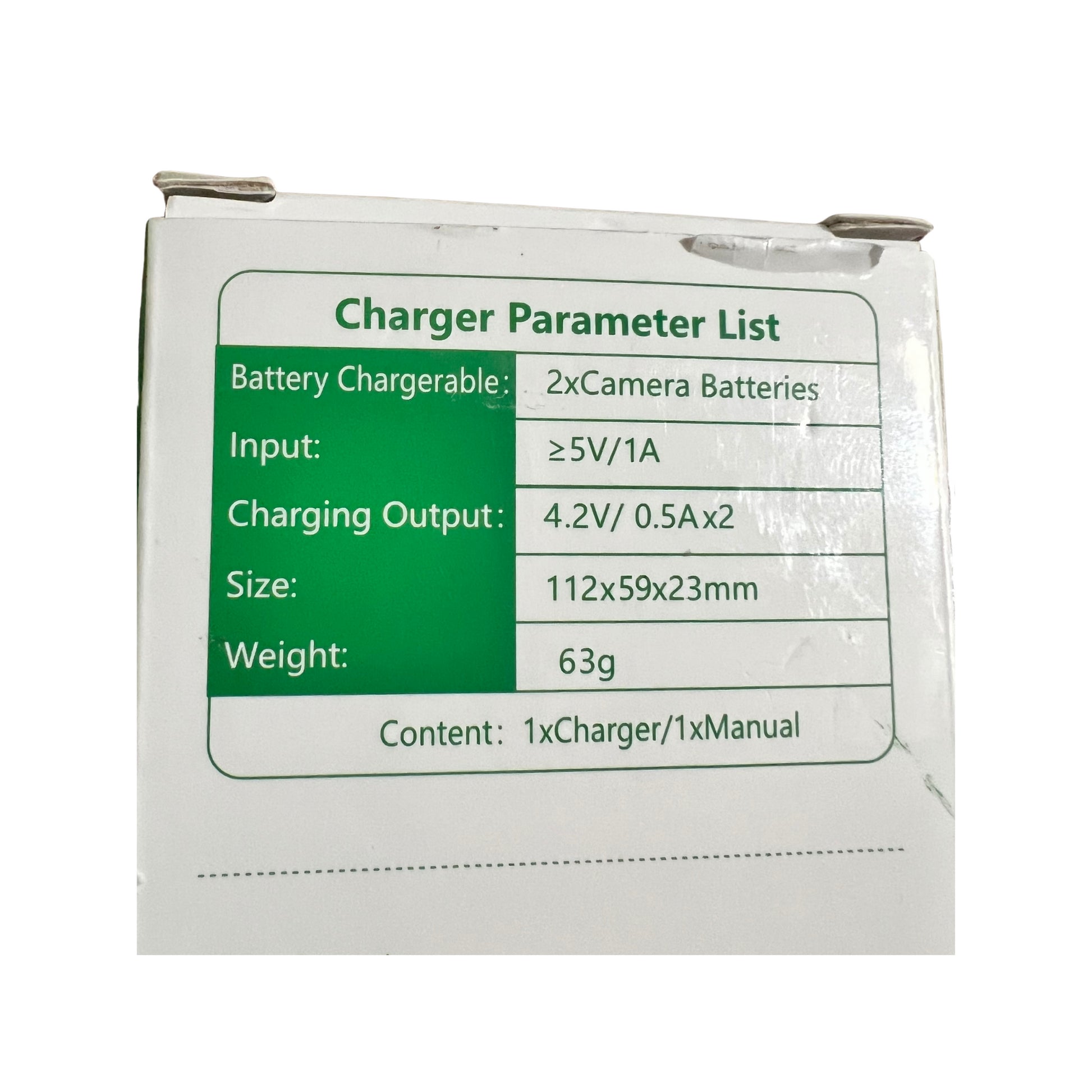 Charger parameter details for NP-BN1 Battery Set, featuring dual camera battery charging specifications.