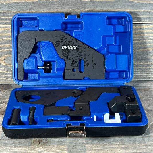 Blue DPTOOL timing lock tool set for Ford/Jaguar 2.0T/2.3T engines, organized in a durable case.