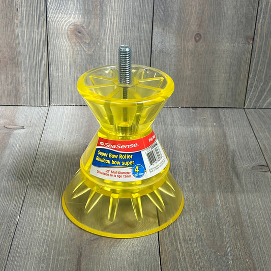 Yellow SeaSense Super Polymer Bow Roller, 4-inch, with a sturdy design on a wooden background.
