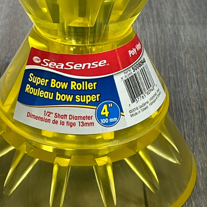 Close-up of the SeaSense Super Polymer Bow Roller, 4-inch, yellow, showing detailed label and sturdy construction.