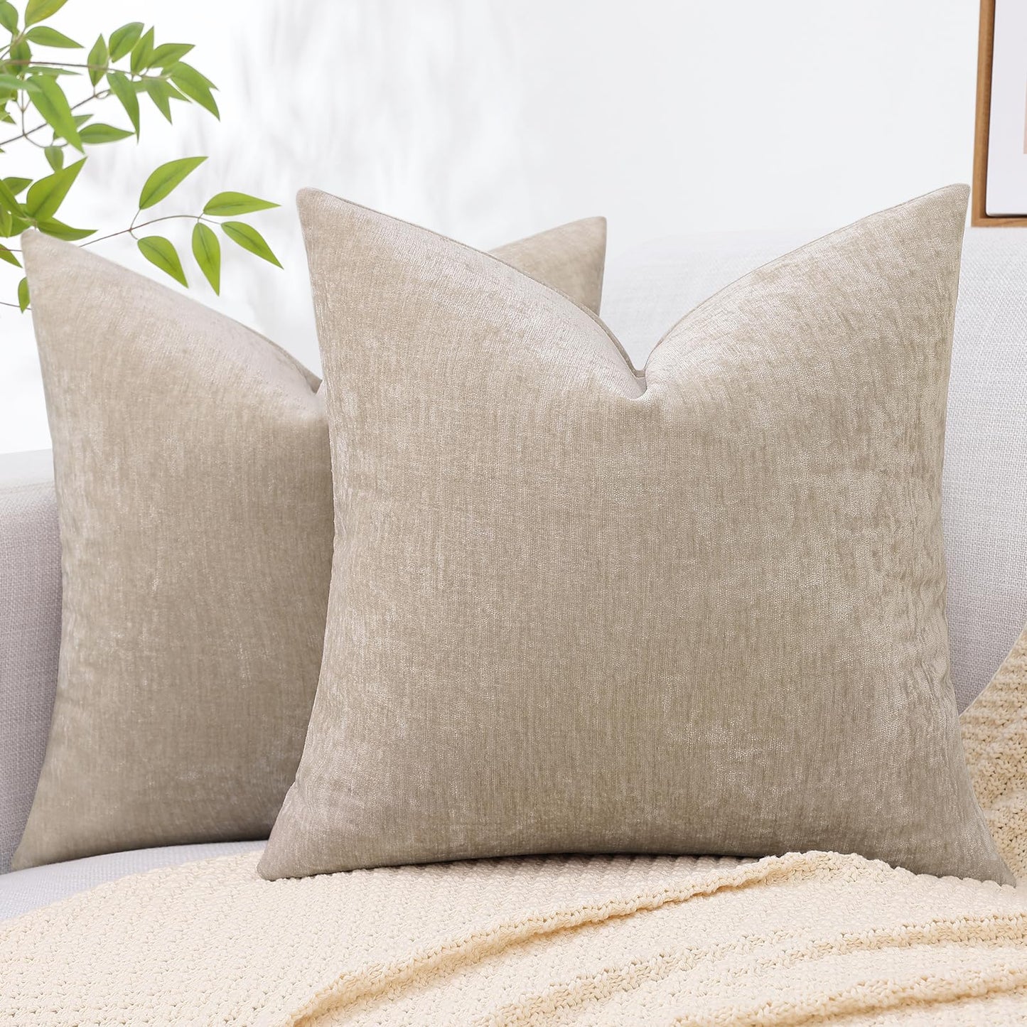 decorUhome Couch Throw Pillow Covers 18x18, Soft Chenille, Bleached Sand