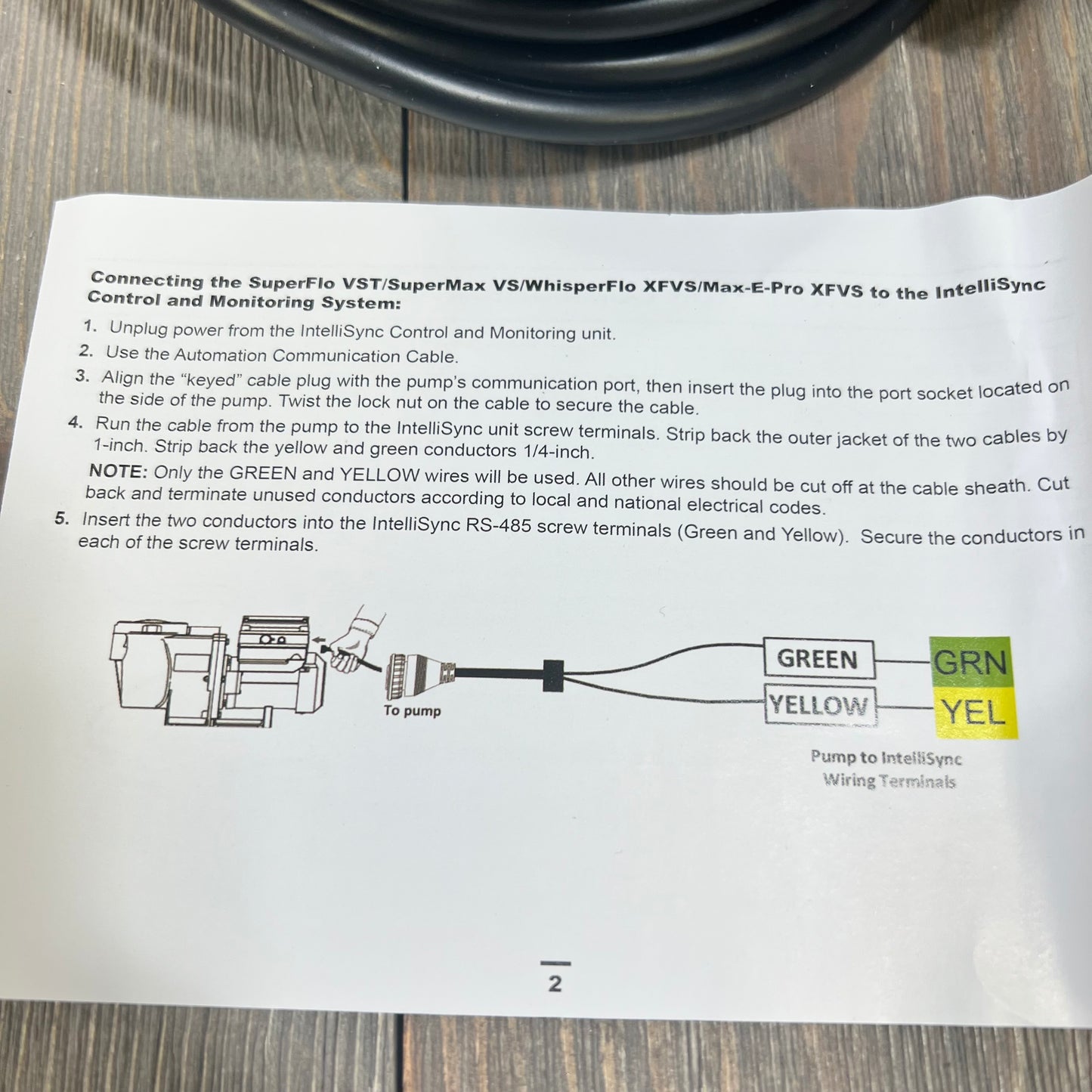 Alt text: Instruction sheet for connecting a replacement cable to SuperFlo and WhisperFlo pumps, showing wiring details.