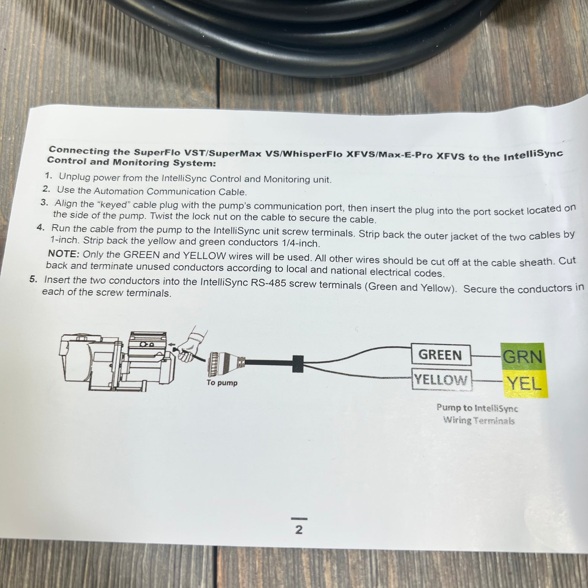 Alt text: Instruction sheet for connecting a replacement cable to SuperFlo and WhisperFlo pumps, showing wiring details.