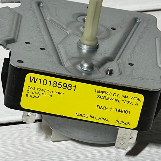 Dryer timer W10185981 with metal base and yellow label, compatible with Whirlpool, Kenmore, Amana, OEM replacement part.