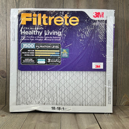 Filtrete 18x18x1 AC furnace air filter, MERV 12, MPR 1500, asthma and allergy friendly, 6-pack, front view.