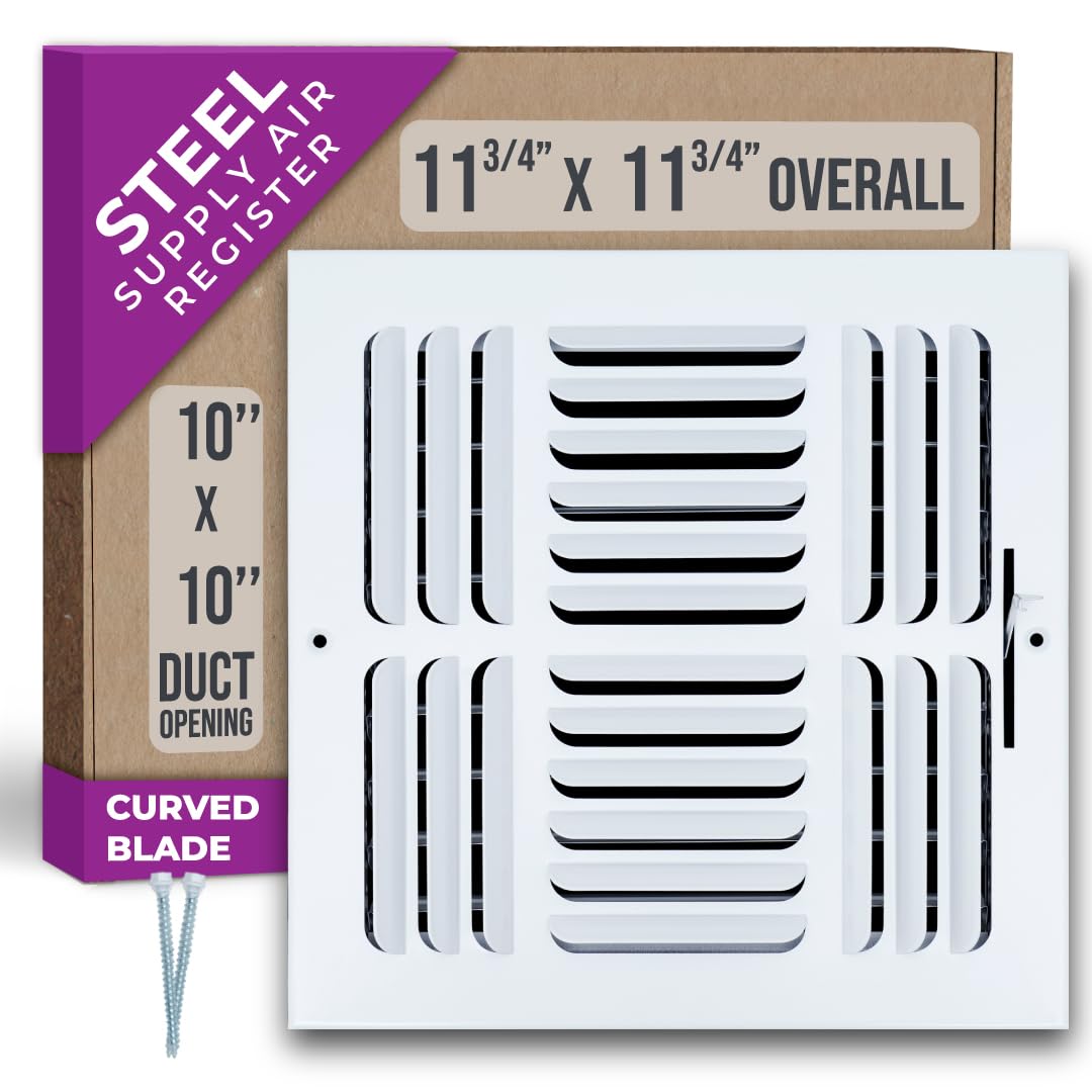 White Handua 10x10 air diffuser with 3-way curved blades for efficient airflow in ceilings and sidewalls.