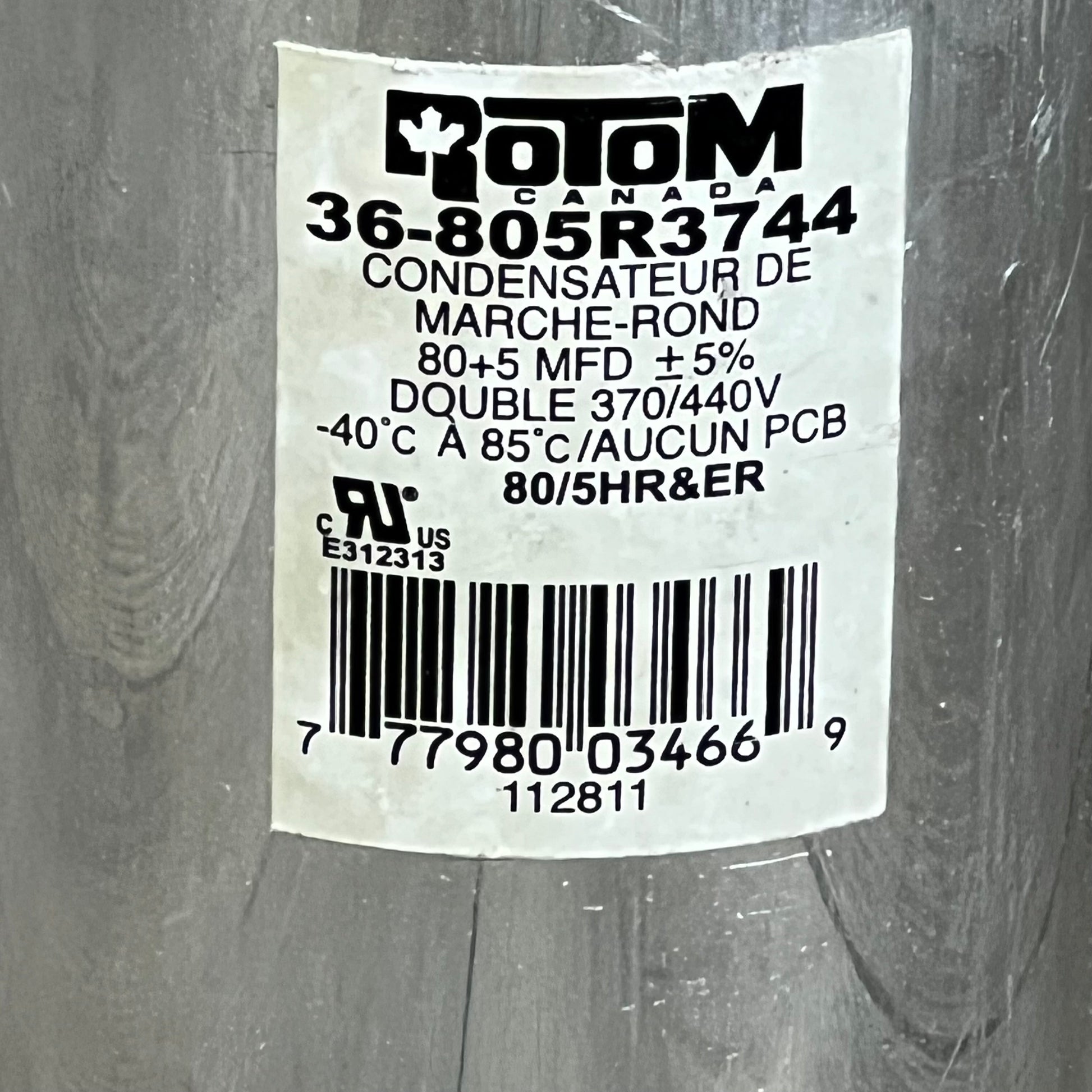 Rotom Start Capacitor 36-805R3744, 80+5 MFD, dual 370/440V, durable metal casing, ideal for HVAC systems.