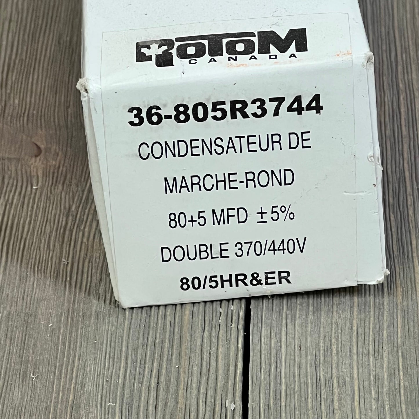Rotom Start Capacitor 36-805R3744 packaging, 80+5 MFD, dual voltage 370/440V, ideal for motor efficiency.