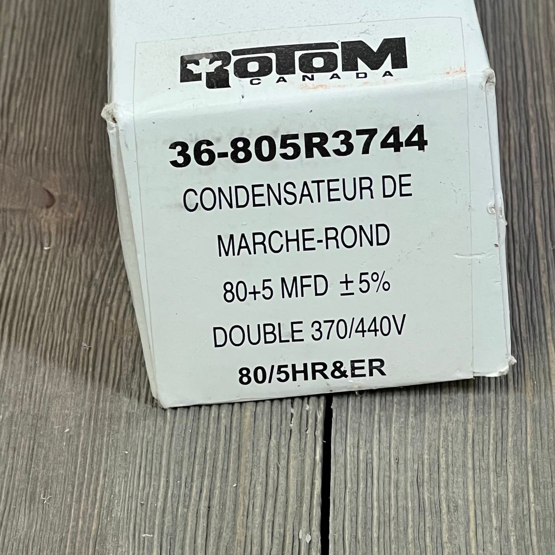 Rotom Start Capacitor 36-805R3744 packaging, 80+5 MFD, dual voltage 370/440V, ideal for motor efficiency.
