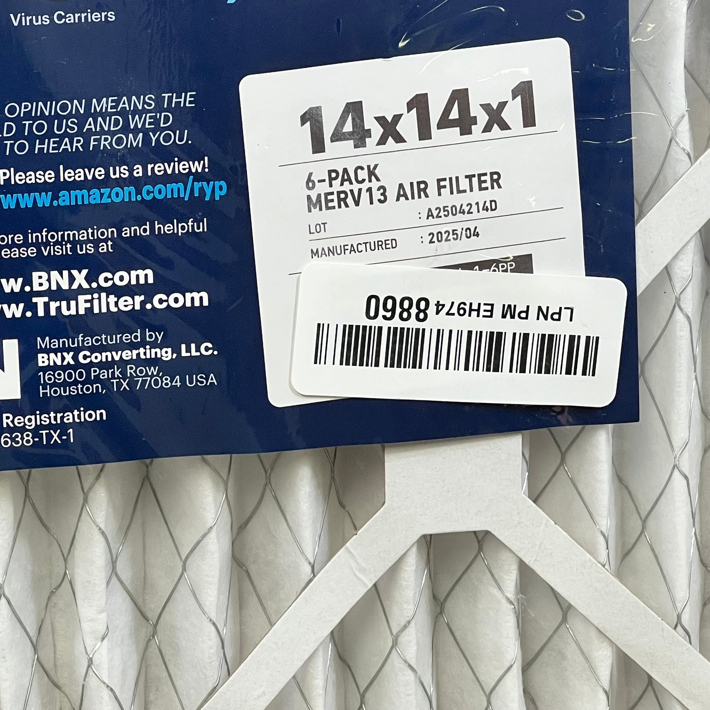 BNX TruFilter 14x14x1 Air Filter MERV 13 packaging, showcasing 6-pack electrostatic pleated design for allergies and pollutants.