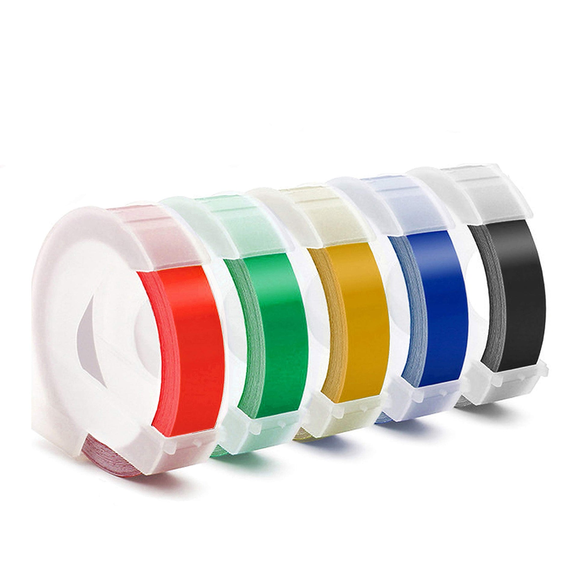 Embossing label tape in various colors for Dymo label makers, 3/8 inch width, shown in six rolls.