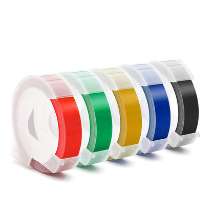Embossing label tape in various colors for Dymo label makers, 3/8 inch width, shown in six rolls.