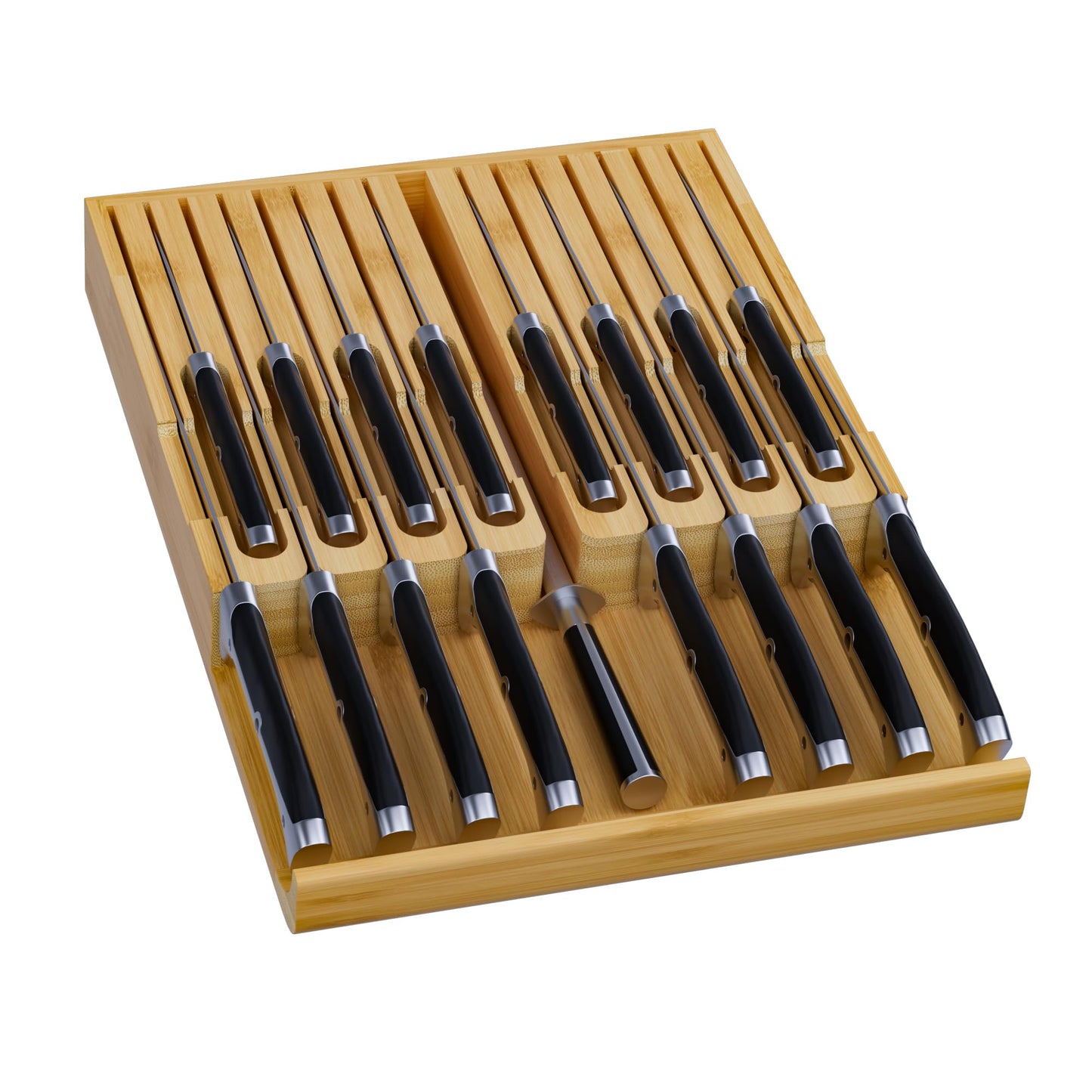 Alt text: Bamboo in-drawer knife block organizer holding 16 knives and a sharpener.