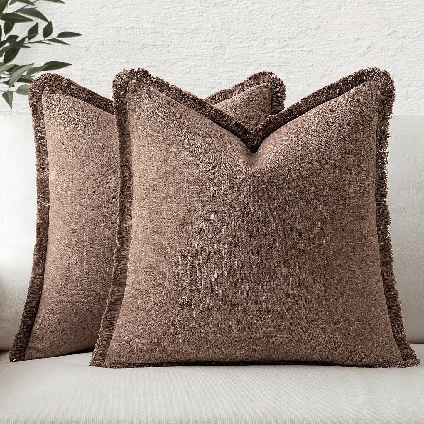 MIULEE Decorative Throw Pillow Covers Linen Fringe Dark Coffee 18x18 Inch