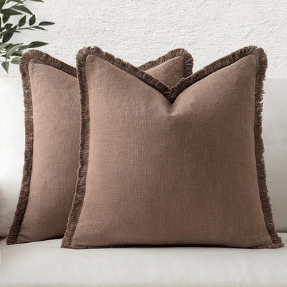 MIULEE Decorative Throw Pillow Covers Linen Fringe Dark Coffee 18x18 Inch