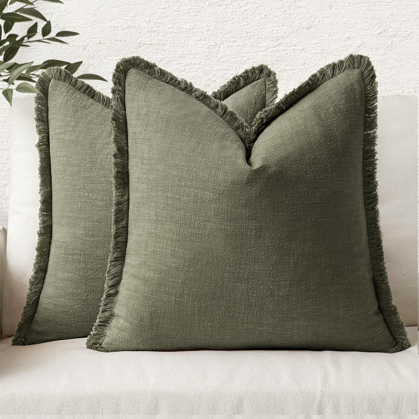 MIULEE Decorative Throw Pillow Covers Linen Fringe Olive Green 26x26 Inch