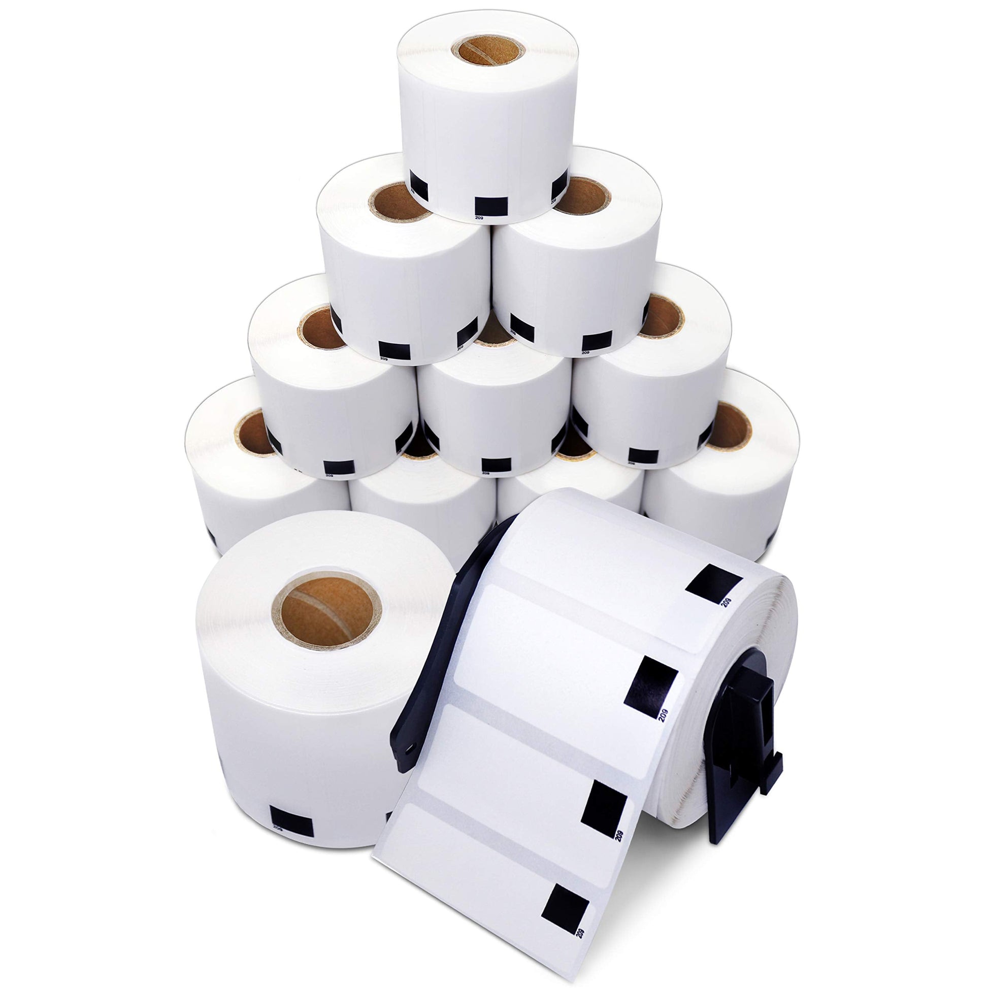 Twelve rolls of Aegis Adhesives compatible label replacement for Brother DK-1209, shown with a frame for QL label printers.