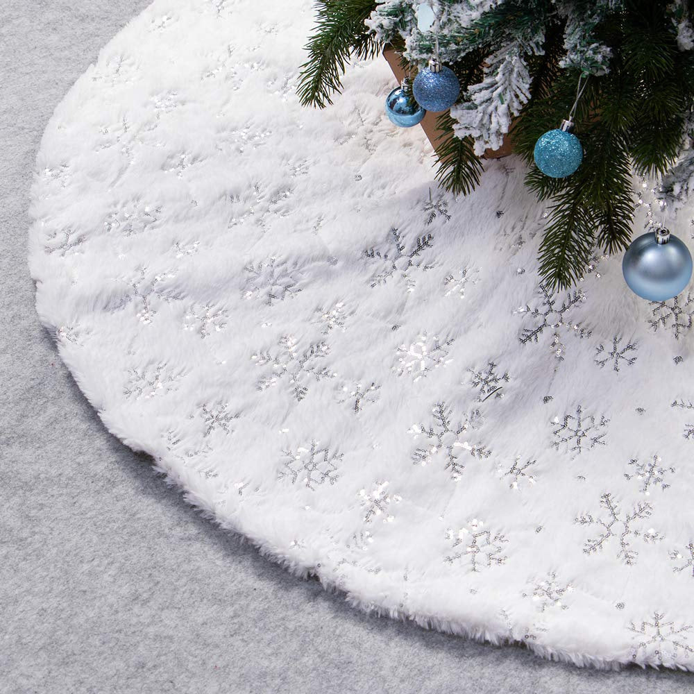 Sequined Christmas Tree Skirt Soft Plush Mat White Faux Fur 24 Inch - 1047352160