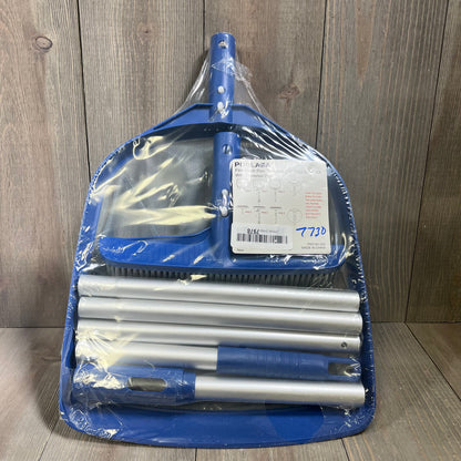 Alt text: Poolaza 3-in-1 pool cleaning kit with skimmer net, brush, and 50'' pole in packaging on a wooden surface.