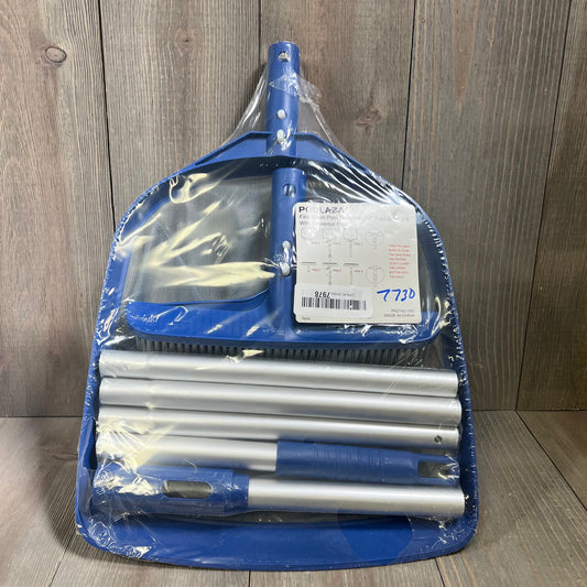 Alt text: Poolaza 3-in-1 pool cleaning kit with skimmer net, brush, and 50'' pole in packaging on a wooden surface.