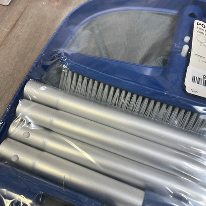 Alt text: Pool cleaning kit with skimmer net, brush, and silver poles in packaging.