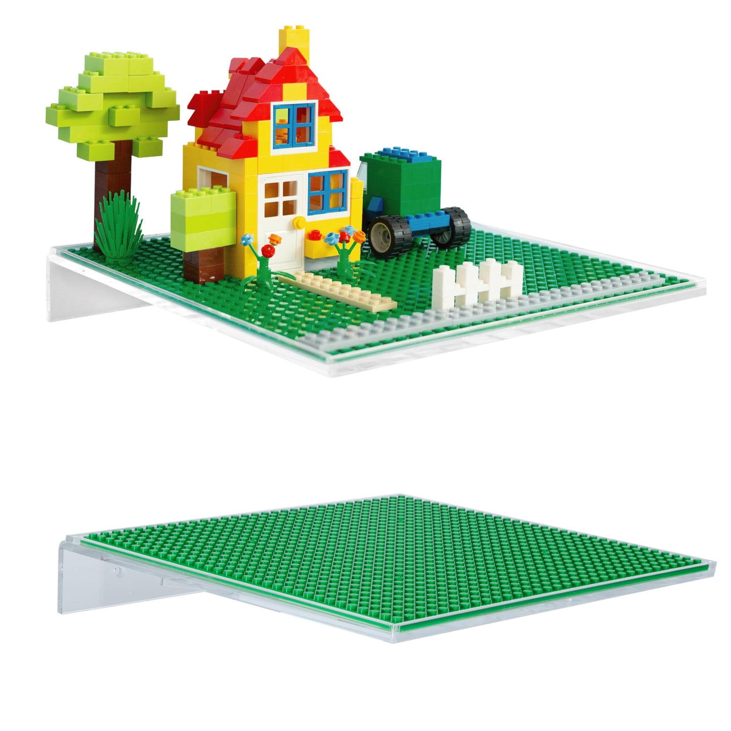 Acrylic wall mount shelf with vibrant building brick scene featuring a house and tree, compatible with major brands.