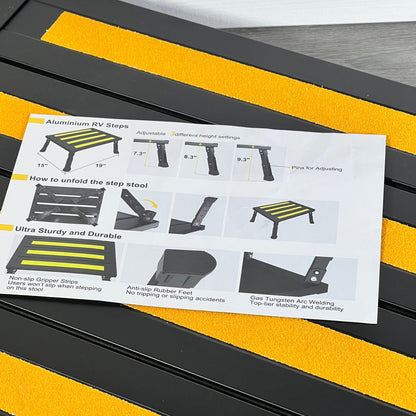 Adjustable aluminum RV step with non-slip rubber feet and platform mat, supports up to 1,000 lb. Easy to carry and fold.