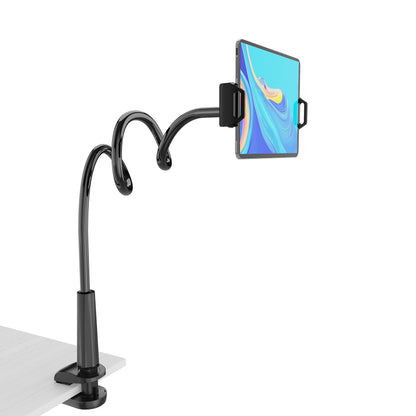 Flexible black gooseneck tablet stand holder mounted on desk, compatible with iPad, iPhone, and more devices.