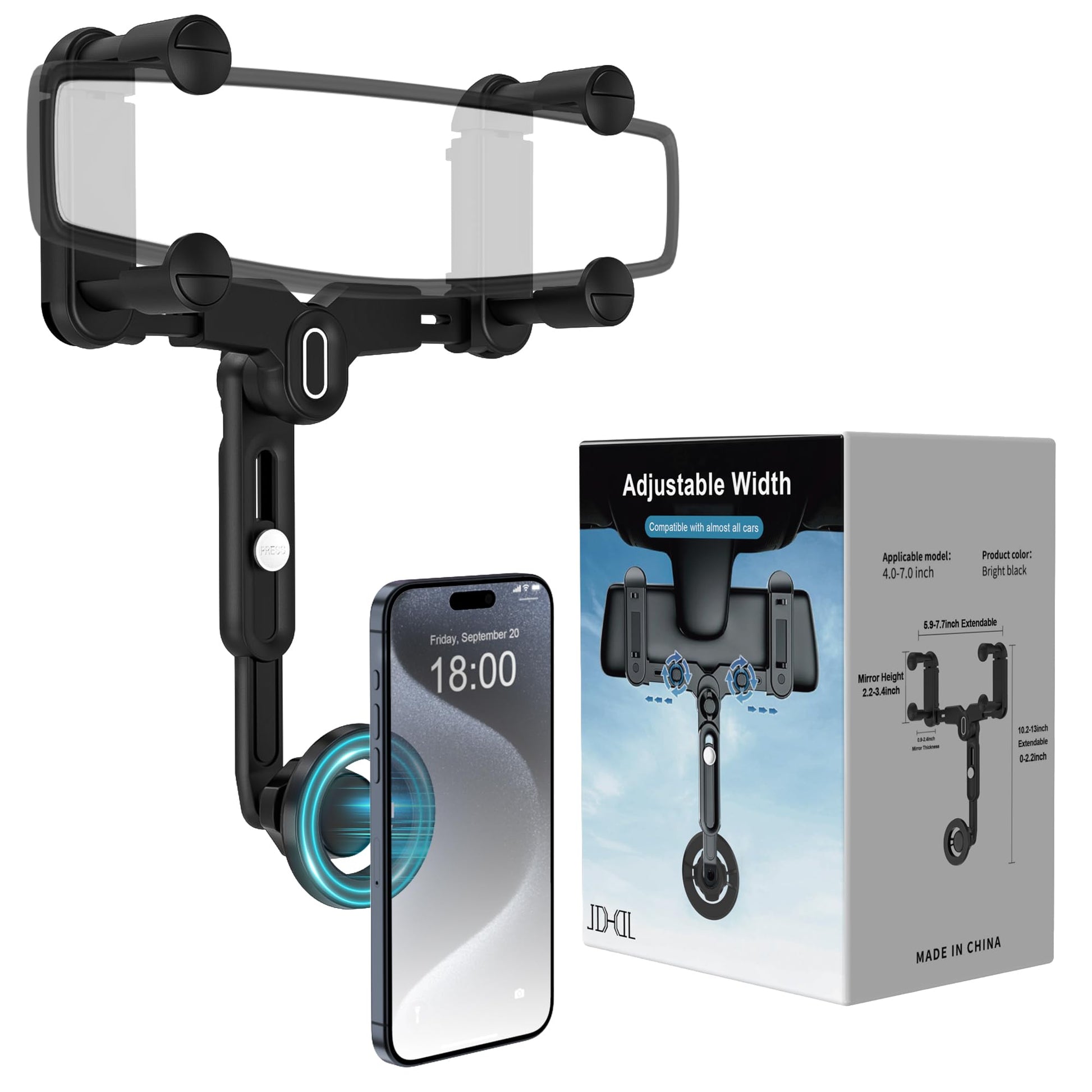 Adjustable Magsafe car mount with rotatable phone holder, shown with packaging and iPhone, ideal for rear view mirrors.
