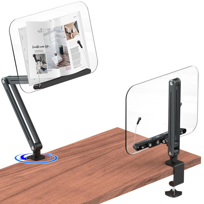 Ergonomic desk clamp acrylic book stand with rotating base, adjustable height, ideal for reading and displaying cookbooks.