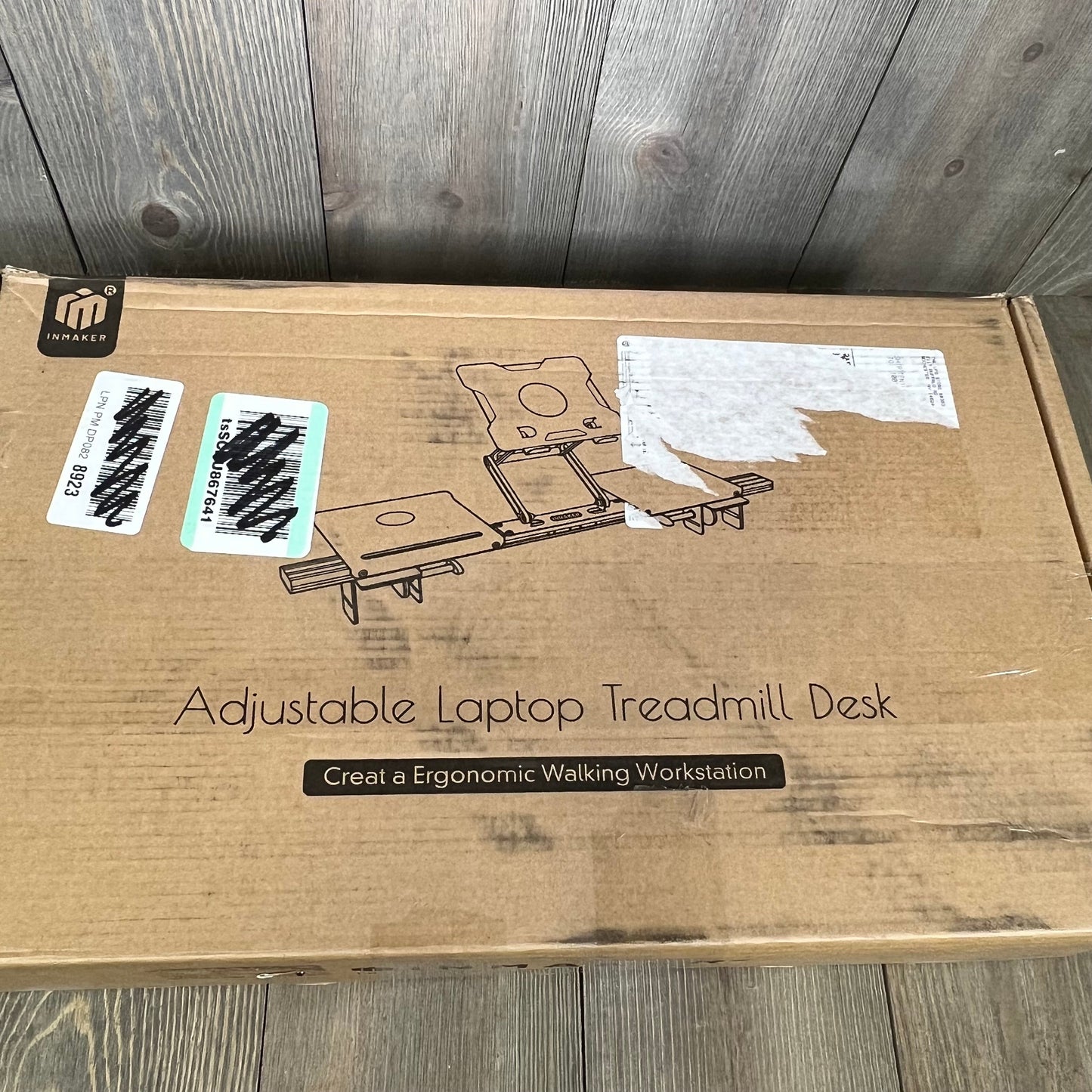 INMAKER Treadmill Desk Attachment in packaging, showcasing adjustable aluminum laptop stand for ergonomic walking workstation.
