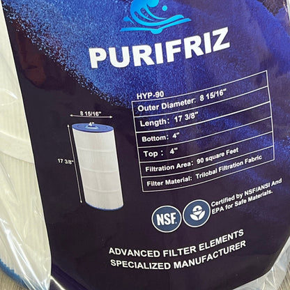 PURIFRIZ 90A pool filter packaging with specs, 90 sq. ft. filtration, compatible with Hayward C900 and Pleatco PA90.
