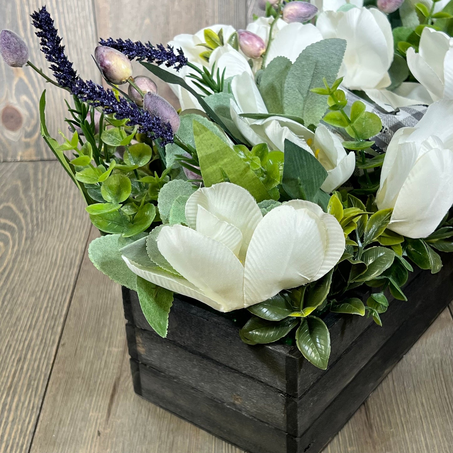 Artificial white tulips and lavender with eucalyptus in a rustic wood box, perfect for spring tabletop decor.