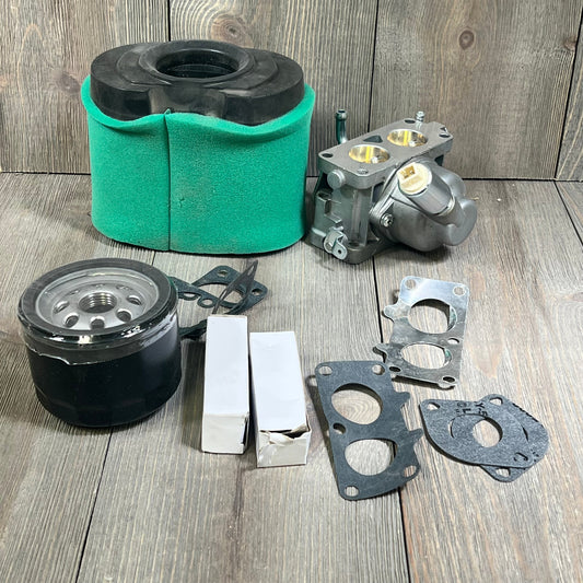 Carburetor and air filter kit for Briggs & Stratton engines, includes gaskets and maintenance parts for mowers and tractors.