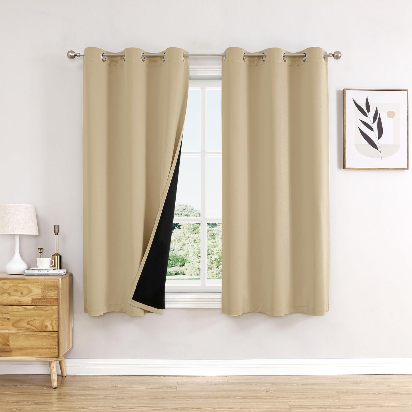 Beige ChrisDowa blackout curtains with black liner, 63-inch length, thermal insulated, grommet top, for bedroom windows.